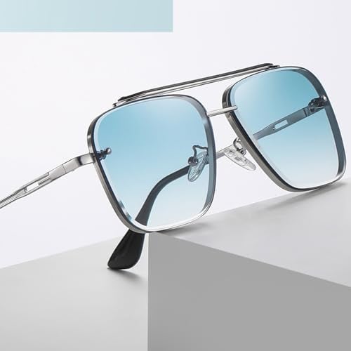 Breaksun Oversized Square Aviator Sunglasses for Men Women Fashion Metal Frame Aviator Sun Glasses Tinted Lens (Silver/Blue Gradient) - Image 5