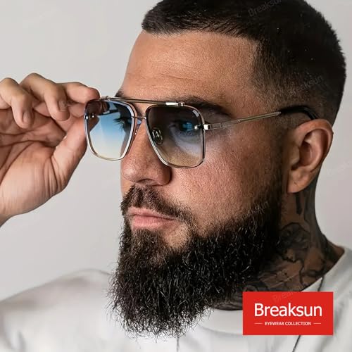 Breaksun Oversized Square Aviator Sunglasses for Men Women Fashion Metal Frame Aviator Sun Glasses Tinted Lens (Silver/Blue Gradient) - Image 2