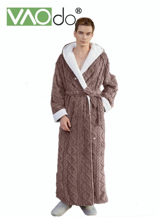 VAOdo Men's Coral Fleece Bathrobe Skin-friendly Breathable Simple Nightgown Hooded Home Clothes Brown  - Image 1