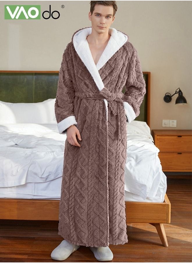 VAOdo Men's Coral Fleece Bathrobe Skin-friendly Breathable Simple Nightgown Hooded Home Clothes Brown  - Image 4