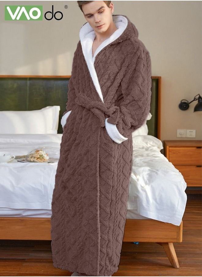 VAOdo Men's Coral Fleece Bathrobe Skin-friendly Breathable Simple Nightgown Hooded Home Clothes Brown  - Image 5