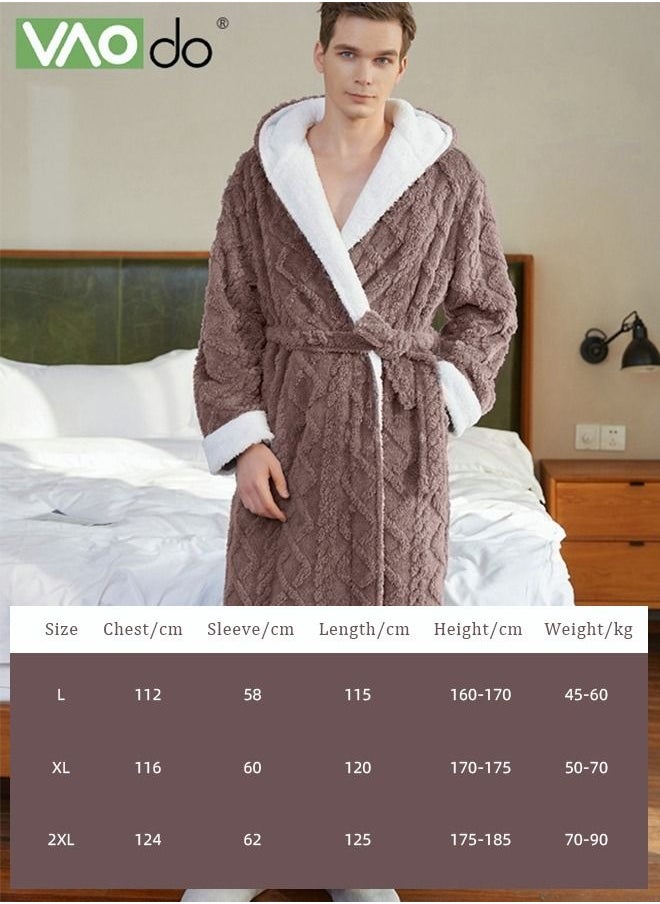 VAOdo Men's Coral Fleece Bathrobe Skin-friendly Breathable Simple Nightgown Hooded Home Clothes Brown  - Image 3