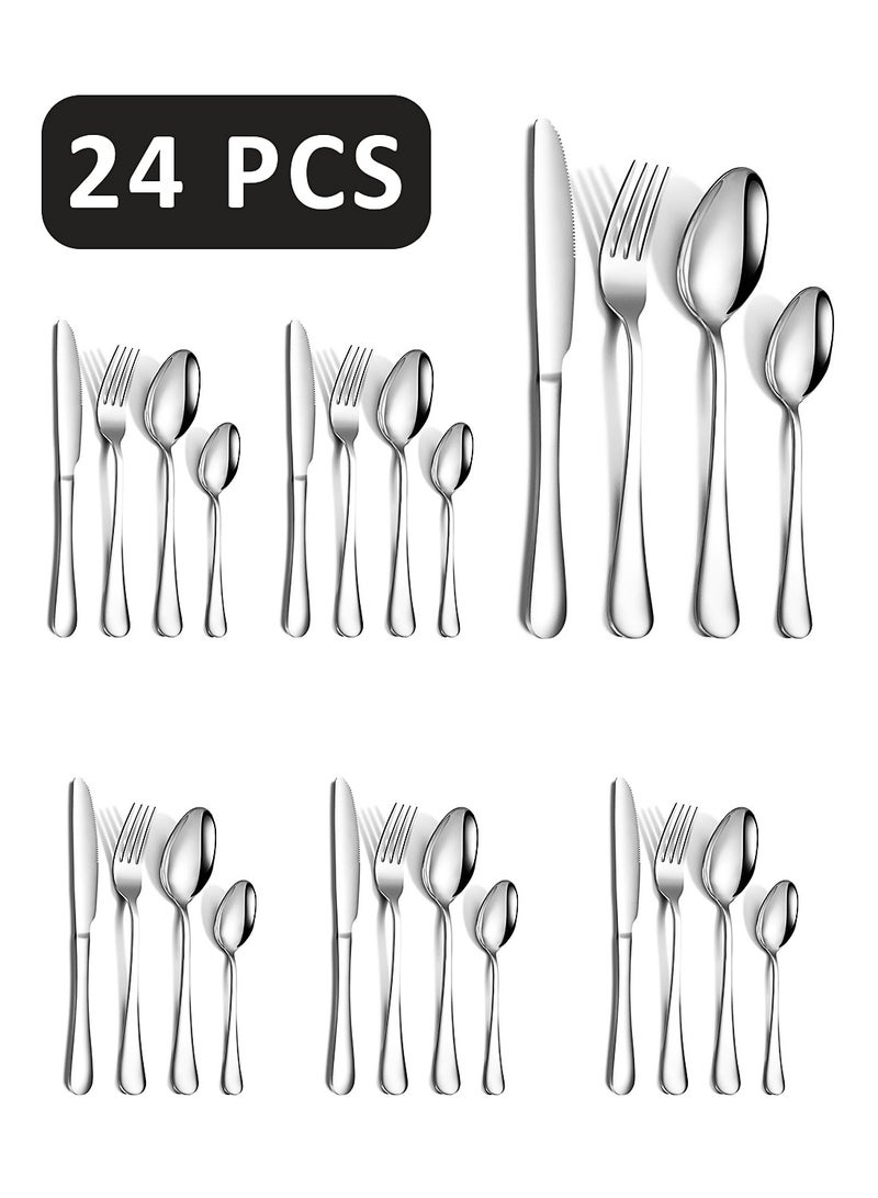 Thickened Stainless Steel Western Tableware Steak Set, Knife and Fork, 24-Piece Set of Household Steak Knives, Forks, and Spoons - Image 1