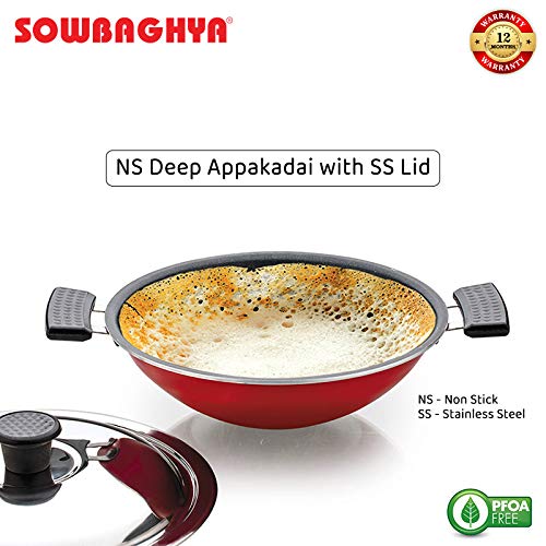 SOWBAGHYA Non Stick Aluminium Deep Appakadai Red Appam Maker Non Stick with Lid Appam Chatty Non Stick Appachatti Appam Kadai Ideal for Indian Cooking Aluminium 26 mm Thickness - Image 3