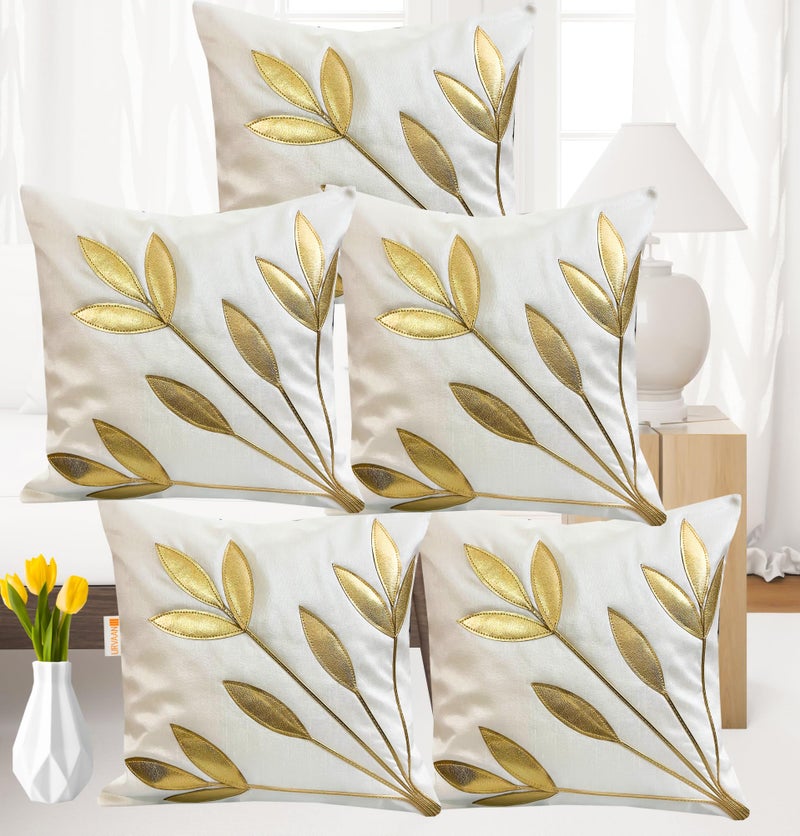 Urvaan White Golden Floral Silk Cushion Covers, 16 x 16 Inch, Set of 5 - Image 4