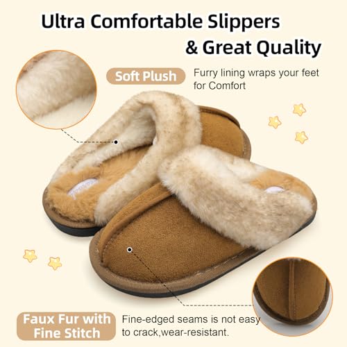 Besroad Kids Fuzzy House Slippers Warm Plush Furry Faux Fur Indoor Outdoor Slippers Memory Foam House Shoes for Girls Boys Tan Big Kid 2.5-3.5 - Image 3