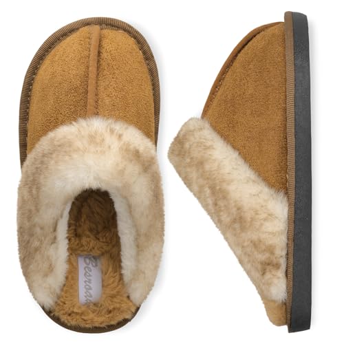 Besroad Kids Fuzzy House Slippers Warm Plush Furry Faux Fur Indoor Outdoor Slippers Memory Foam House Shoes for Girls Boys Tan Big Kid 2.5-3.5 - Image 1