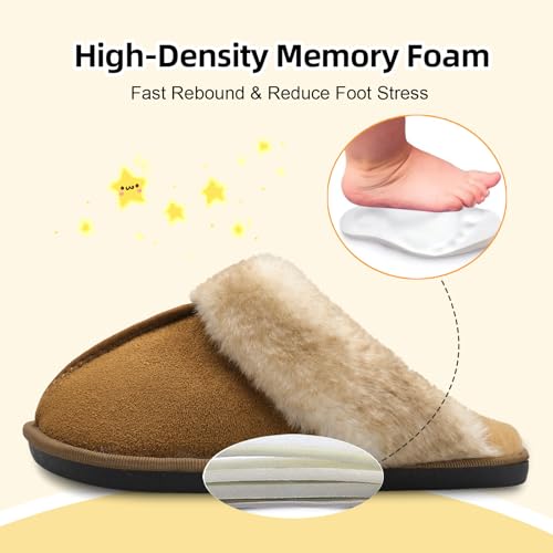 Besroad Kids Fuzzy House Slippers Warm Plush Furry Faux Fur Indoor Outdoor Slippers Memory Foam House Shoes for Girls Boys Tan Big Kid 2.5-3.5 - Image 4
