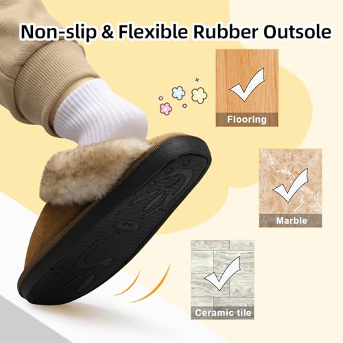 Besroad Kids Fuzzy House Slippers Warm Plush Furry Faux Fur Indoor Outdoor Slippers Memory Foam House Shoes for Girls Boys Tan Big Kid 2.5-3.5 - Image 5