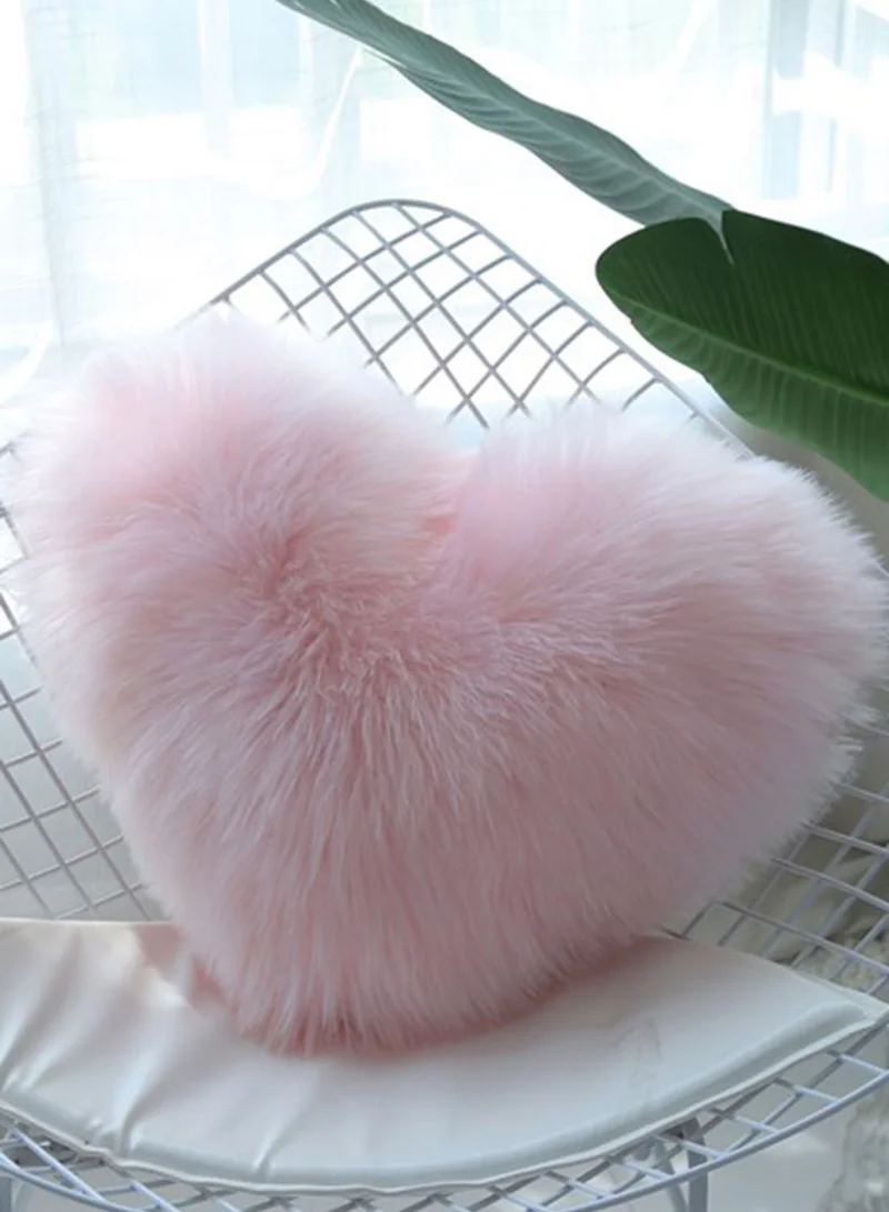 Pink Cactus Faux Fur Heart Shaped Cushion With Insert 40Cm X 50Cm