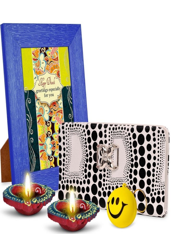 Alwaysgift Happy Diwali Greetings Especially for You 2 Diyas, Ladies Wallet, Smiley Keychain, & Quotation Photo Frame Gift Set - Image 1