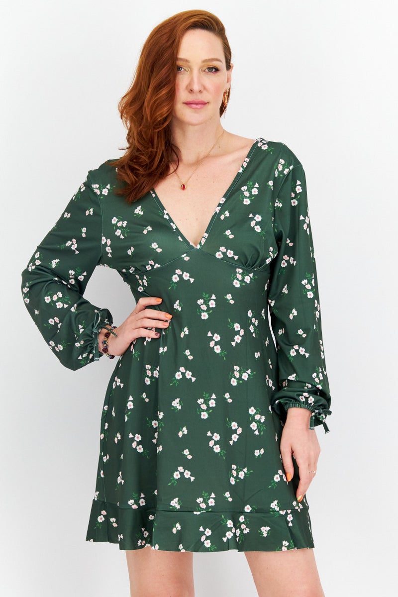 RIVER ISLAND Women Floral Print Mini Dress, Green Combo - Image 1