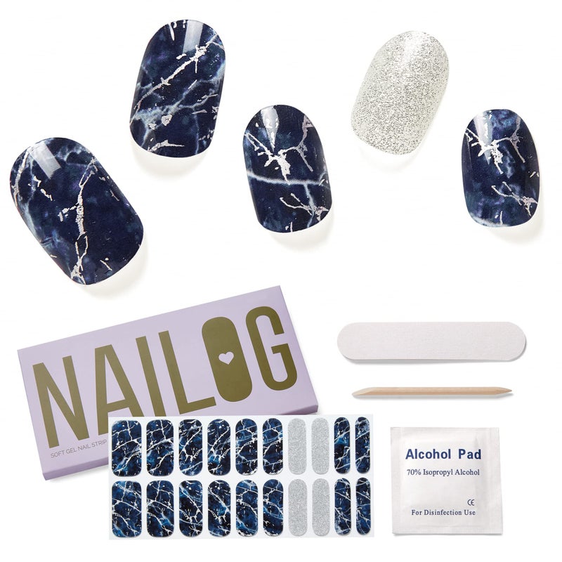NAILOG Semi Cured Gel Nail Strips 20 Extra Long Polish StickersWraps  Glossy  Long Lasting Soft Gel Finishing Stormy Night