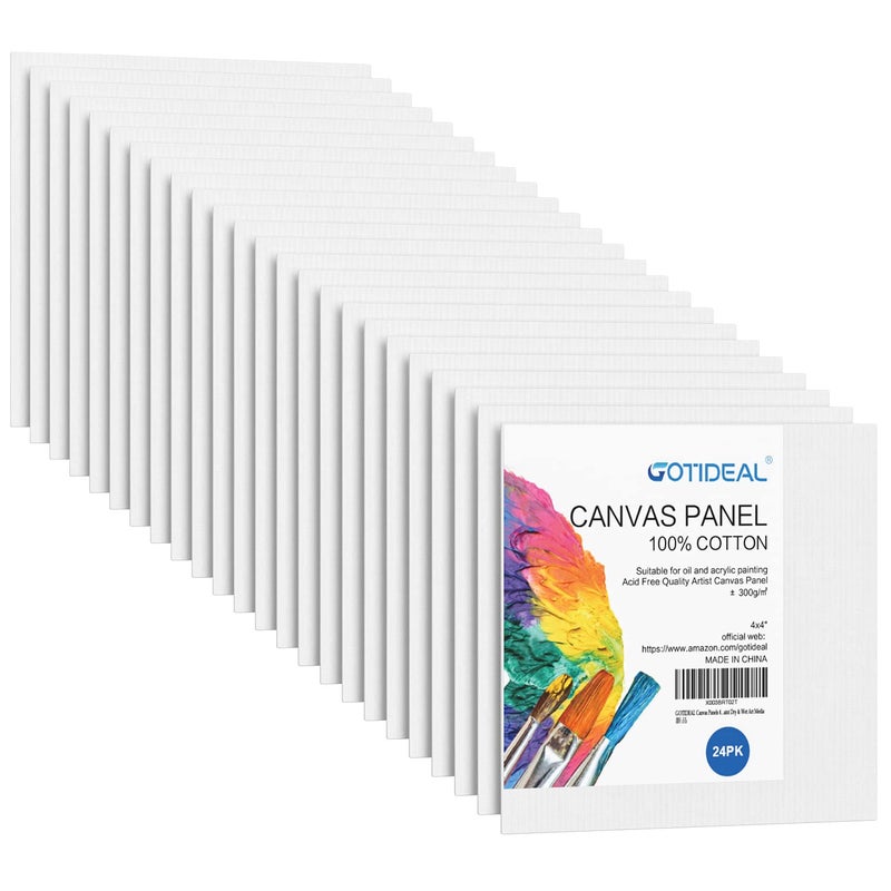 GOTIDEAL Canvases for Painting 4x4 inch of 24 Professional Primed White Blank Flat Canvas Panels 100 Cotton Artist Canvas Boards for Acrylics Painting Oil Watercolor Tempera