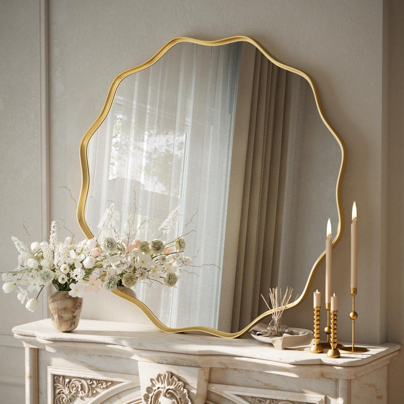 VooBang Gold Scalloped Circle Mirror, 30" Wavy Edge Round Wall Mirror with Tempered Glass Textured Circular Metal Deep Frame, Hanging Leaning for Bathroom, Hallway, Entryway, Livng Room - Image 2