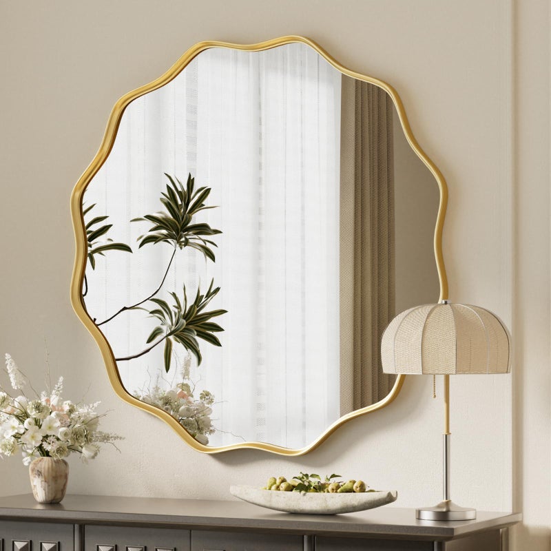 VooBang Gold Scalloped Circle Mirror, 30" Wavy Edge Round Wall Mirror with Tempered Glass Textured Circular Metal Deep Frame, Hanging Leaning for Bathroom, Hallway, Entryway, Livng Room - Image 1
