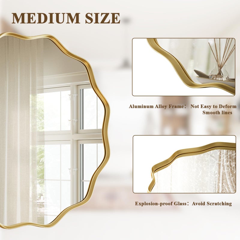 VooBang Gold Scalloped Circle Mirror, 30" Wavy Edge Round Wall Mirror with Tempered Glass Textured Circular Metal Deep Frame, Hanging Leaning for Bathroom, Hallway, Entryway, Livng Room - Image 3