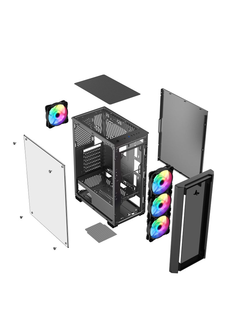 SHARX - SHARX CASE STRIKER  ARGB  ATX PC Case With Front Mesh Panel(S-200), 4 x 120mm Pre-Installed Fans, Remote Controller, Glass Side Panel,Ports Type C*1/ USB3.0 *1/ USB2.0 *2 Buttons:Power/Reset/LED. - Image 1