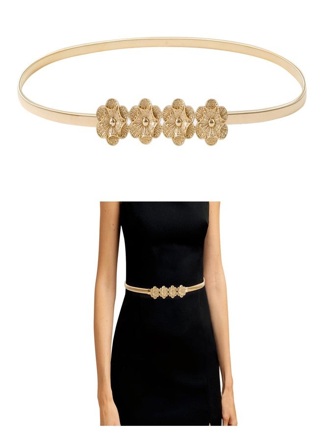 E-Clover Belts for Women Gold Waist Skinny Stretch Belt for Dresses Metal Waistband Flower - Image 1