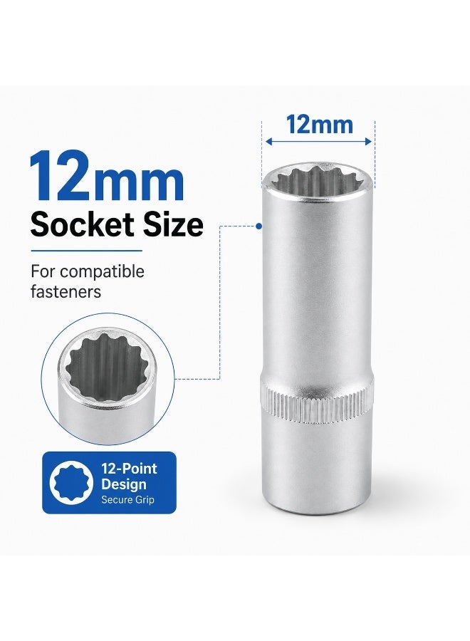 12mm 12 Point Deep Socket, 1/2 Inch Square Drive, Chrome Vanadium Steel CR-V Socket Wrench for Ratchet, Breaker Bar, Automotive Repair and Workshop Use - Image 2