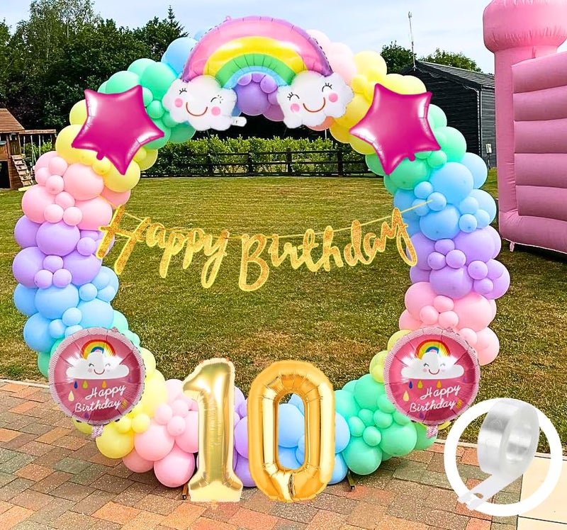 Flyloons Paper, Latex Rainbow Theme 10th Birthday Decorations Kit Girls Boys Kids For 10 Year With Number Rainbow Star Pink Purple Yellow Blue Green Pastel Balloons Happy Birthday Gold Banner, 59 Pcs - Image 5