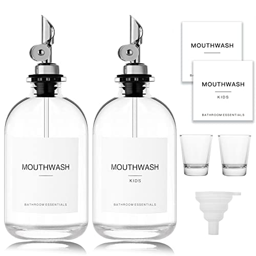 HomeFeel Mouthwash Dispenser for Bathroom, 12.7 oz, 2 Pack - Glass Mouthwash Bottle with 304 Stainless Steel Spout & Minimalist Labels, Style Mouthwash Container, Silver - Image 1