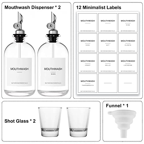 HomeFeel Mouthwash Dispenser for Bathroom, 12.7 oz, 2 Pack - Glass Mouthwash Bottle with 304 Stainless Steel Spout & Minimalist Labels, Style Mouthwash Container, Silver - Image 3