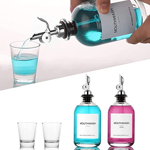 HomeFeel Mouthwash Dispenser for Bathroom, 12.7 oz, 2 Pack - Glass Mouthwash Bottle with 304 Stainless Steel Spout & Minimalist Labels, Style Mouthwash Container, Silver - Image 4