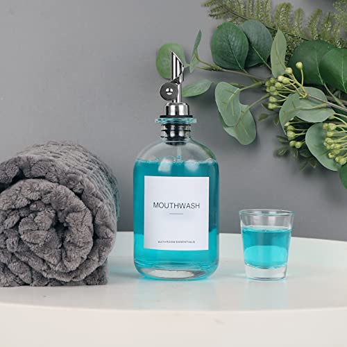 HomeFeel Mouthwash Dispenser for Bathroom, 12.7 oz, 2 Pack - Glass Mouthwash Bottle with 304 Stainless Steel Spout & Minimalist Labels, Style Mouthwash Container, Silver - Image 2
