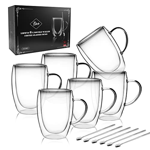 LIBWYS 6 Pack Double Walled Coffee Cups Glasses Mugs, 12oz Espresso Cappuccino Latte Tea Cups with Handle, Heat Resistant Borosilicate Clear Glasses 350ml - Image 1
