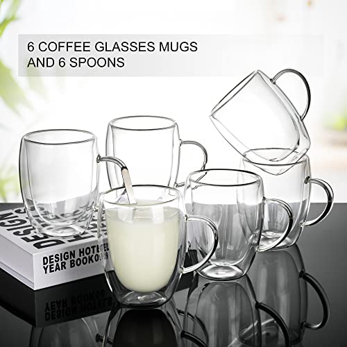 LIBWYS 6 Pack Double Walled Coffee Cups Glasses Mugs, 12oz Espresso Cappuccino Latte Tea Cups with Handle, Heat Resistant Borosilicate Clear Glasses 350ml - Image 4