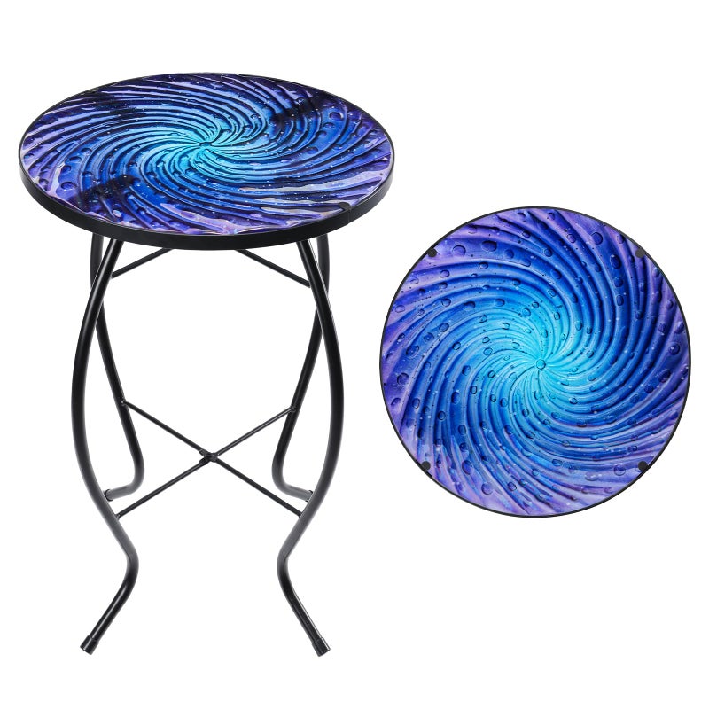 MUMTOP Outdoor End Tables for Patio, Deep Sea Round Side Table, Glass Accent Table for Outside, Garden, Balcony, Porch, Indoor Home Decor - Image 1