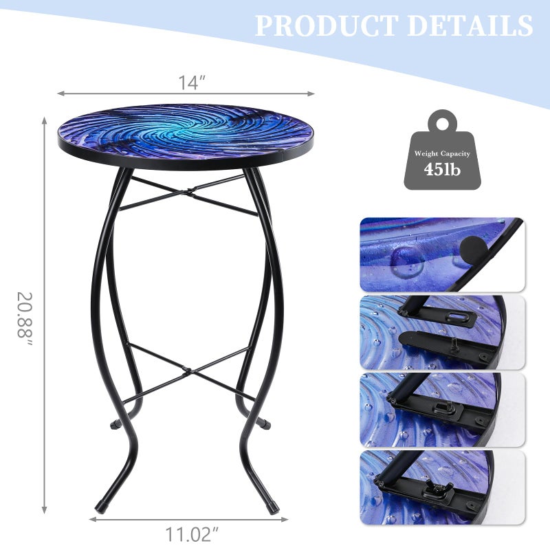 MUMTOP Outdoor End Tables for Patio, Deep Sea Round Side Table, Glass Accent Table for Outside, Garden, Balcony, Porch, Indoor Home Decor - Image 2