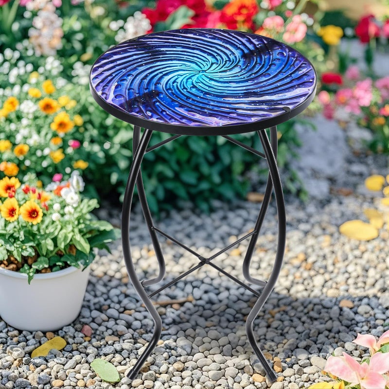 MUMTOP Outdoor End Tables for Patio, Deep Sea Round Side Table, Glass Accent Table for Outside, Garden, Balcony, Porch, Indoor Home Decor - Image 5