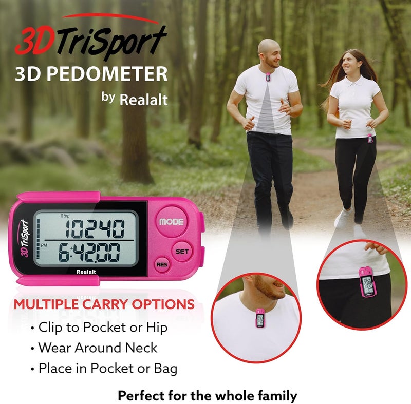 Realalt 3DTriSport Walking 3D Pedometer with Clip & Strap, eBook Included 30 Days Memory Accurate Step Counter, Walking Distance Miles/Km, Calorie Counter, Daily Exercise Time Monitor - Image 5