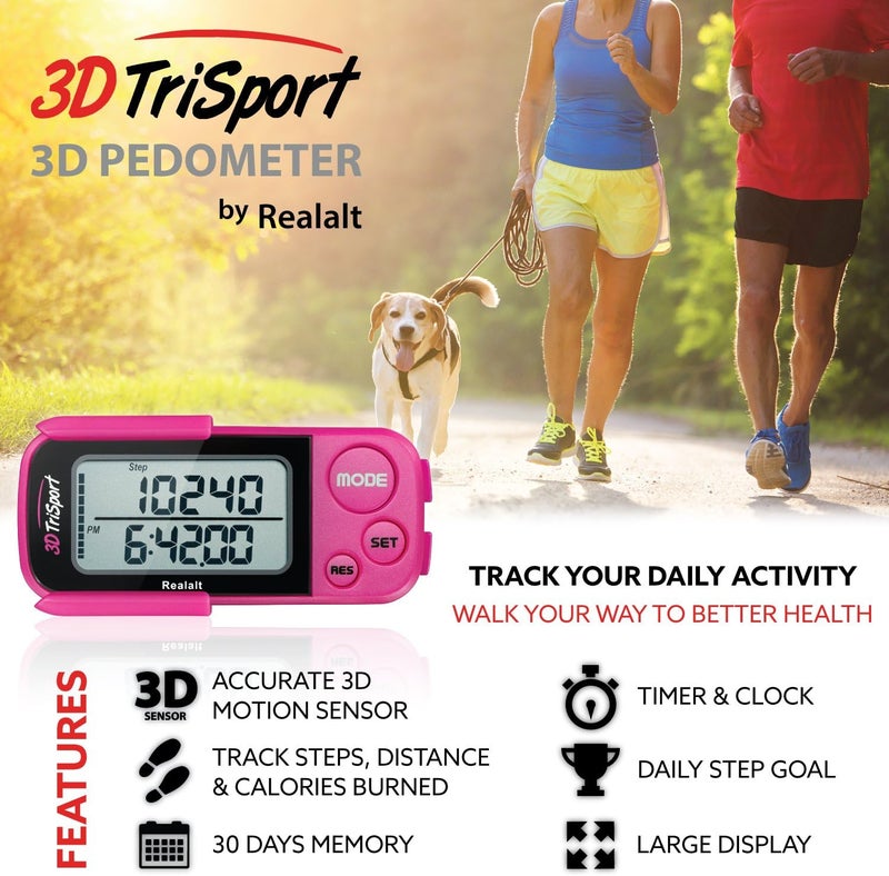 Realalt 3DTriSport Walking 3D Pedometer with Clip & Strap, eBook Included 30 Days Memory Accurate Step Counter, Walking Distance Miles/Km, Calorie Counter, Daily Exercise Time Monitor - Image 2