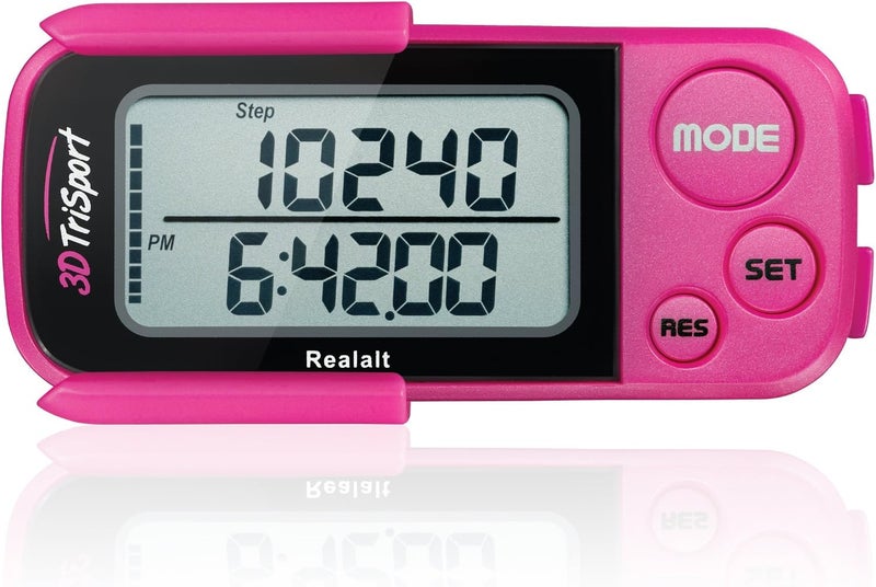 Realalt 3DTriSport Walking 3D Pedometer with Clip & Strap, eBook Included 30 Days Memory Accurate Step Counter, Walking Distance Miles/Km, Calorie Counter, Daily Exercise Time Monitor - Image 1