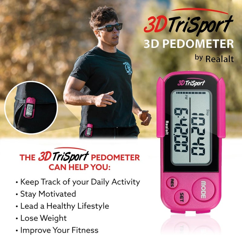 Realalt 3DTriSport Walking 3D Pedometer with Clip & Strap, eBook Included 30 Days Memory Accurate Step Counter, Walking Distance Miles/Km, Calorie Counter, Daily Exercise Time Monitor - Image 3