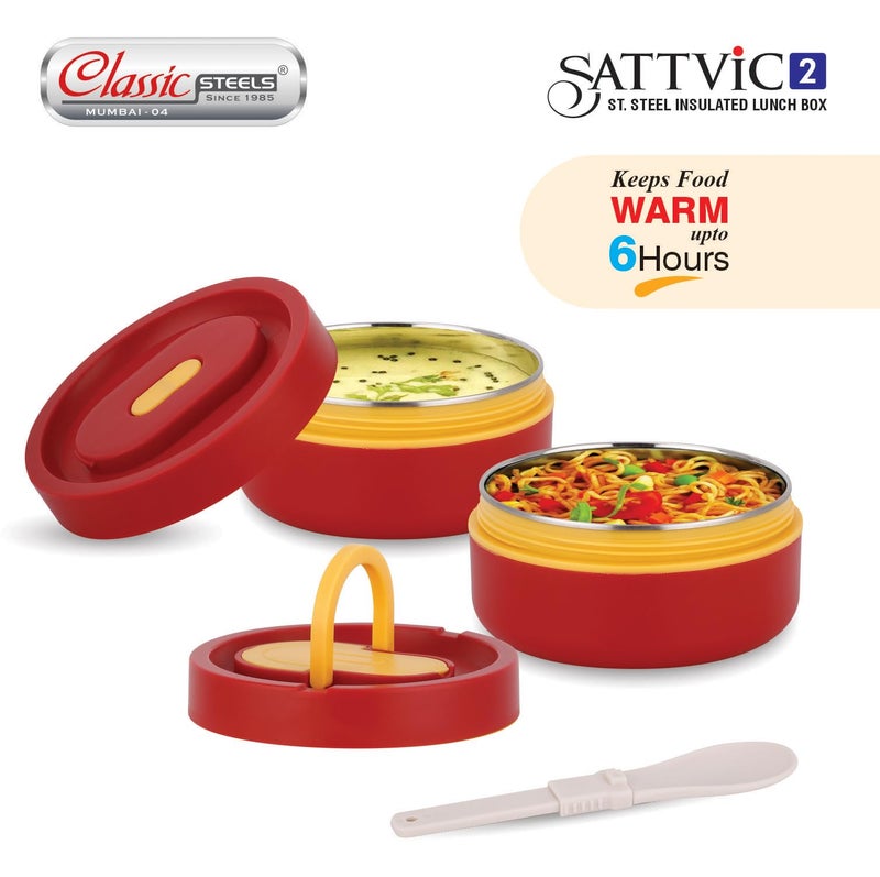 Classic Steels Sattvic Insulated Stainless Steel Lunch Box 2 Containers 350 ml Each & 1 Spoon | Microwave Safe | Leak Proof Air Tight Hot Lunch Box| Keep Your Meal Fresh and Hot Upto 4 Hours - Image 2