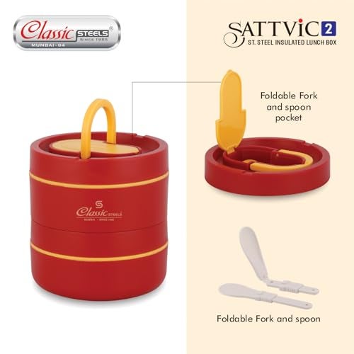 Classic Steels Sattvic Insulated Stainless Steel Lunch Box 2 Containers 350 ml Each & 1 Spoon | Microwave Safe | Leak Proof Air Tight Hot Lunch Box| Keep Your Meal Fresh and Hot Upto 4 Hours - Image 4