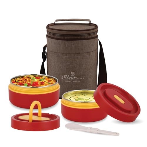 Classic Steels Sattvic Insulated Stainless Steel Lunch Box 2 Containers 350 ml Each & 1 Spoon | Microwave Safe | Leak Proof Air Tight Hot Lunch Box| Keep Your Meal Fresh and Hot Upto 4 Hours - Image 1