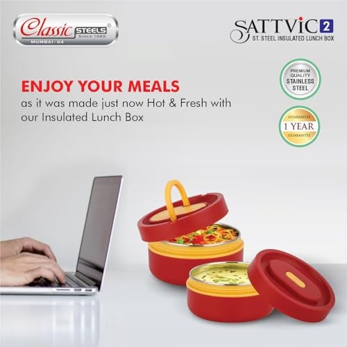 Classic Steels Sattvic Insulated Stainless Steel Lunch Box 2 Containers 350 ml Each & 1 Spoon | Microwave Safe | Leak Proof Air Tight Hot Lunch Box| Keep Your Meal Fresh and Hot Upto 4 Hours - Image 5