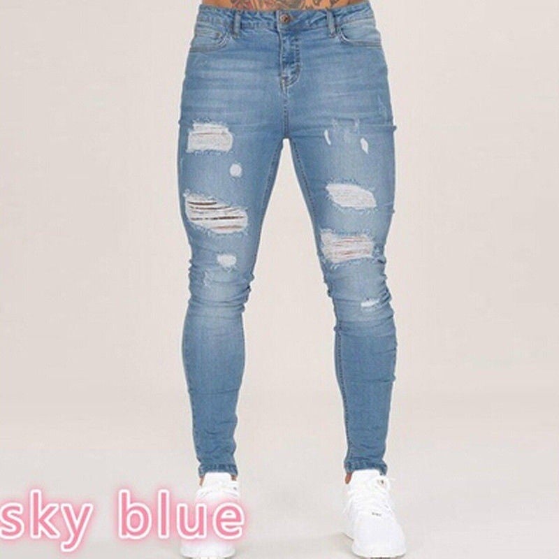 European And American Style Mens Slim Fit Jeans Casual Pencil Pants Middle Waist Length Trousers with Badge Versatile Fashionable 1022 light blue (elastic) 