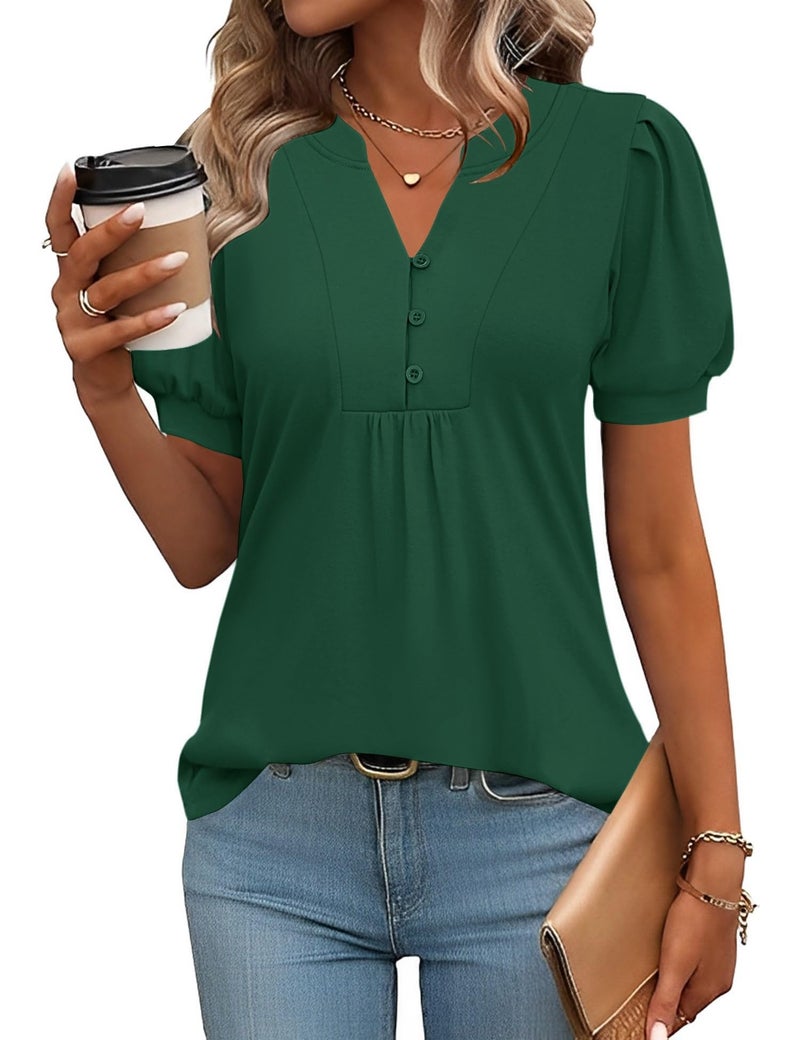 IECCP Womens Summer Tops Blouses for Women Dressy Casual 2025 Puff Short Sleeve Shirts Loose Fit Tunic Blouses (Green,S) - Image 1