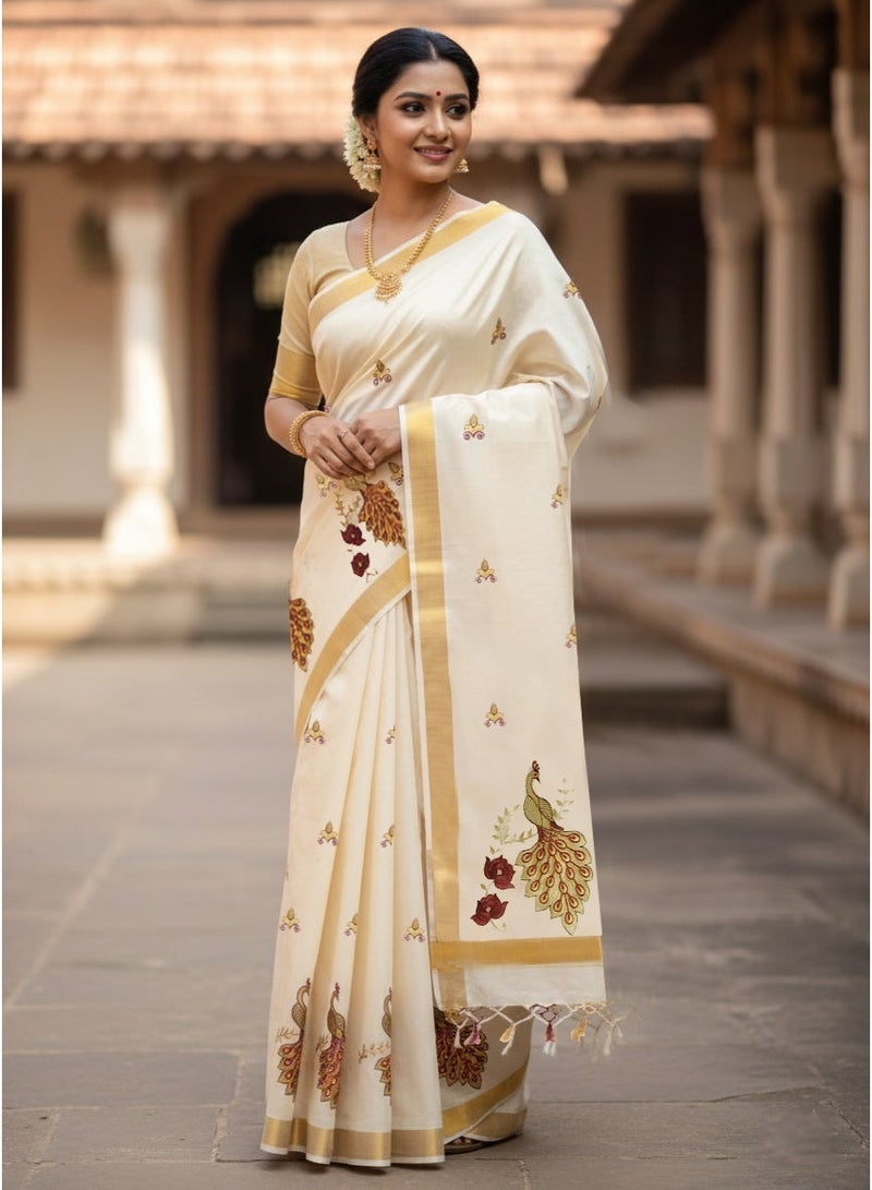 A.M Traditional Kerala Kasavu saree featuring printed peacock - Image 1