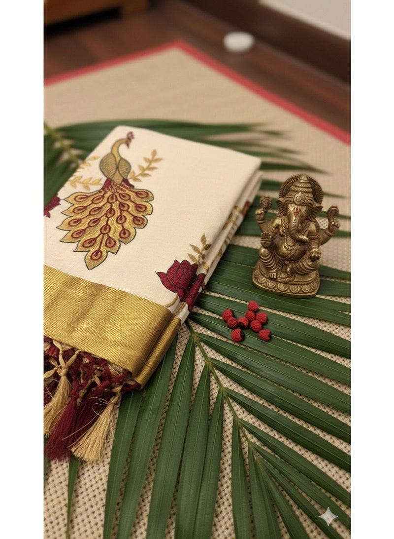 A.M Traditional Kerala Kasavu saree featuring printed peacock - Image 3