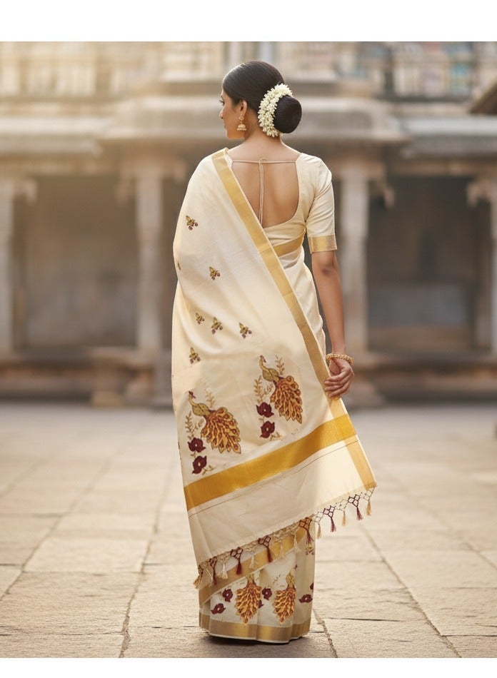 A.M Traditional Kerala Kasavu saree featuring printed peacock - Image 2