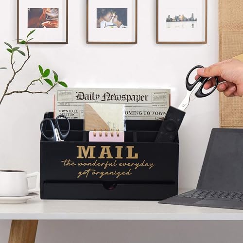 EXQUIDECA Wooden Black Rustic Countertop Mail Storage Holder with Drawer and Compartments - Office Desk Accessories and Workspace Organizers - Desktop Sorter for Pen Stationery Letter Files Documents - Image 4