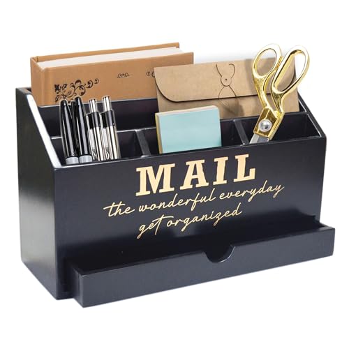 EXQUIDECA Wooden Black Rustic Countertop Mail Storage Holder with Drawer and Compartments - Office Desk Accessories and Workspace Organizers - Desktop Sorter for Pen Stationery Letter Files Documents - Image 5