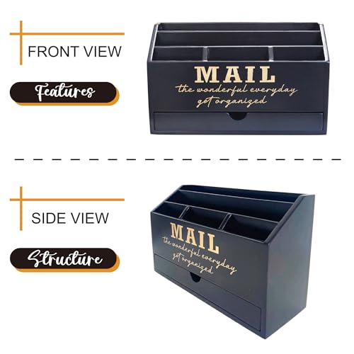 EXQUIDECA Wooden Black Rustic Countertop Mail Storage Holder with Drawer and Compartments - Office Desk Accessories and Workspace Organizers - Desktop Sorter for Pen Stationery Letter Files Documents - Image 3